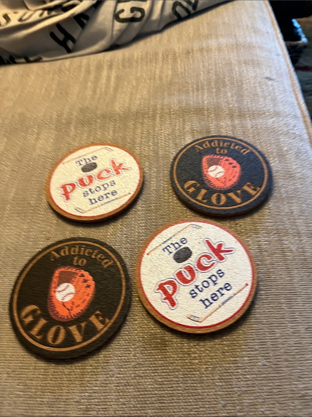 Set of 4 Vintage Hockey Puck Coasters - Red, Black, Brown